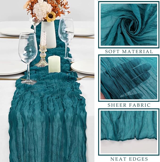 Teal 6 Pieces Cheesecloth Table Runner 10FT Runner for Tables Gauze Fabric Boho Table Runner Decoration Rustic Sheer Runner for Wedding Shower Birthday Party Table Arbor Decor (35 x 120 Inches Long)