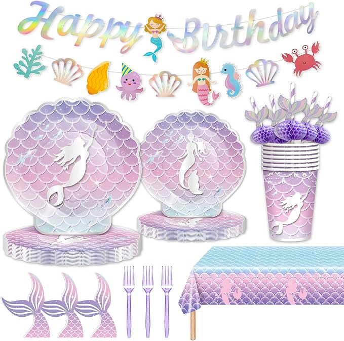 146Pcs Shell Plates and Napkins Iridescent Mermaid Party Supplies Includes Plates, Napkin, Fork, Cup, Straw, Tablecloth, Banner Seashell for Under the Sea Birthday Party Decorations, Serves 24