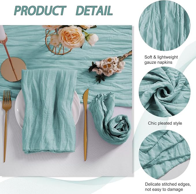 LZY 60 Pack Gauze Cheesecloth Napkins 20x20 Inch Dinner Cloth Napkins, Soft Boho Table Napkins Rustic Wrinkled Cheese Cloth Napkins Bulk for Wedding Party Baby Shower Event Decor (Light Blue)