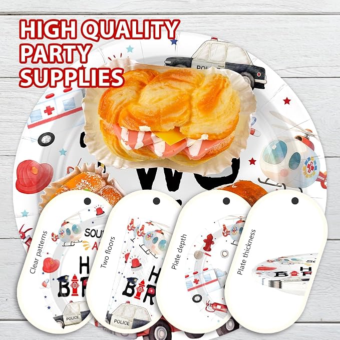 Grencian 96pcs Emergency Vehicle Birthday Party Decorations First Responder Fire Truck Plates and Napkins Ambulance Police Car Tableware for Boys Girls Emergency Vehicle Birthday Party Decorations