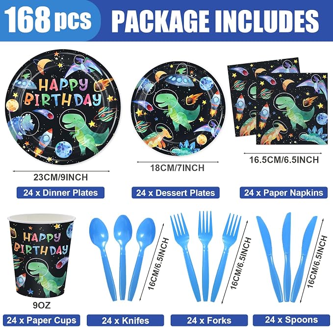 168PCS Dinosaur Party Supllies for Boys Cartoon Dino Birthday Party Decorations with Space Astronauts Planet,Dinosaurs Plates Cups Napkins Tableware -24 Guests