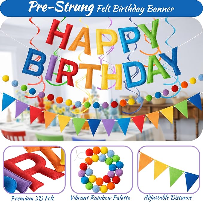 Kriyokiaa Pre-Strung Felt Happy Birthday Banner Colorful Rainbow Happy Birthday Party Decorations with Pom Pom Garland, Flag and Hanging Swrils for Women Men Boys Girls Party Decor