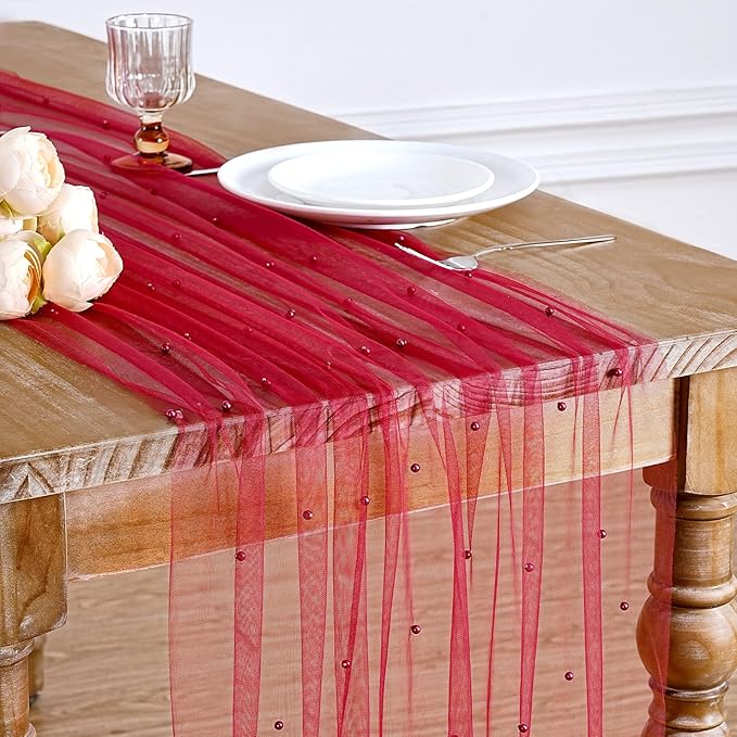 Pearl Tulle Table Runner Fabric: Red 10ft Valentines Veil Dessert Christmas Chiffon Pearl Lace Boho Glitter Overlay Wedding Aisle Runner Party Decorations Doilies