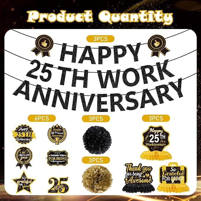 25th Work Anniversary Party Decorations - 17PCS Black Gold 25th Work Anniversary Banner Hanging Swirls Honeycomb Centerpieces Pompoms Decor, Workiversary Office Appreciation Supplies