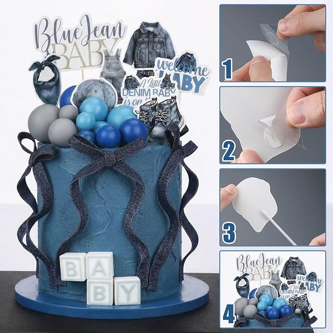 Novabright 32 Pcs Blue Jean Denim Baby Shower Decorations a Little Denim Baby Is on the Way Decorations Cupcake Toppers for Welcome Blue Jean Clothes Pregnancy Gift
