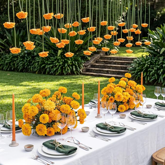 12 Pack 5 ft Artificial Marigold Flowers Hanging Garland Decorations Orange Marigold from Ceiling Dangling Faux Floral Vine Strings with Hook for Wall Autumn Party Day of the Dead Decor