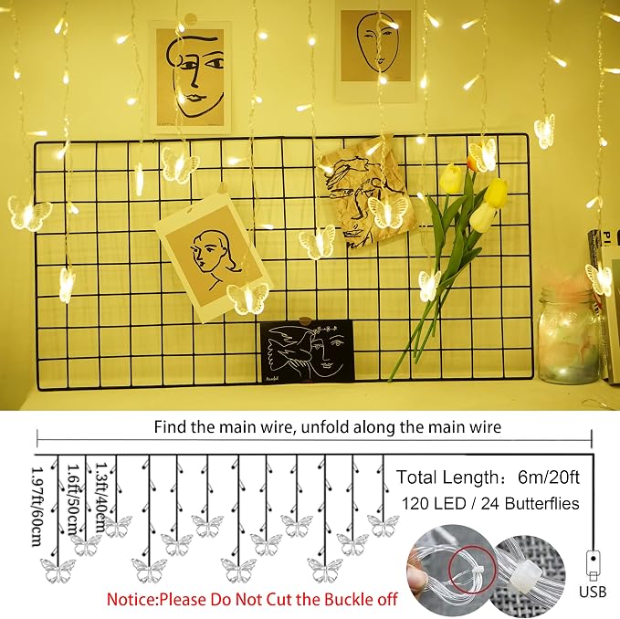 Butterfly Curtain Fairy Lights USB Plug in,120 LED 8 Modes 20FT Firefly Twinkle Icicle String Lights with Remote Timer Waterproof Copper Wire for Bedroom Patio Christmas Wedding Party Dorm(Warm White)