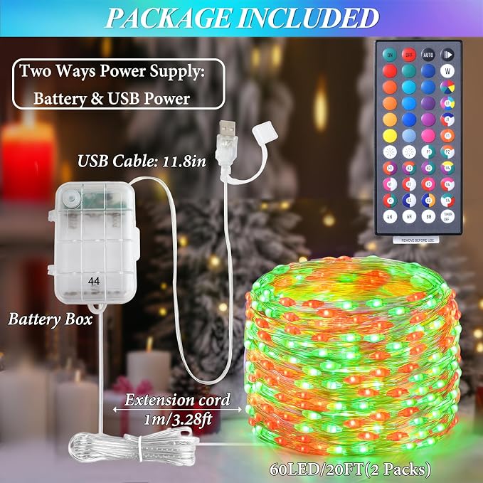 Lovelite Fairy Lights 34 Colors Changing, 2 Pack Total 40FT 120LED Halloween String Lights Battery USB Operated, Waterproof Twinkle Lights with Remote for Holiday Wedding Party Indoor Outdoor