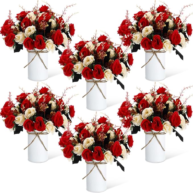 Domensi 6 Sets Wedding Centerpiece for Table Artificial Rose with Vase Fake Bouquets and Metal Pot Flower Arrangements for Bridal Shower Birthday Party Event Table Decor (Red)