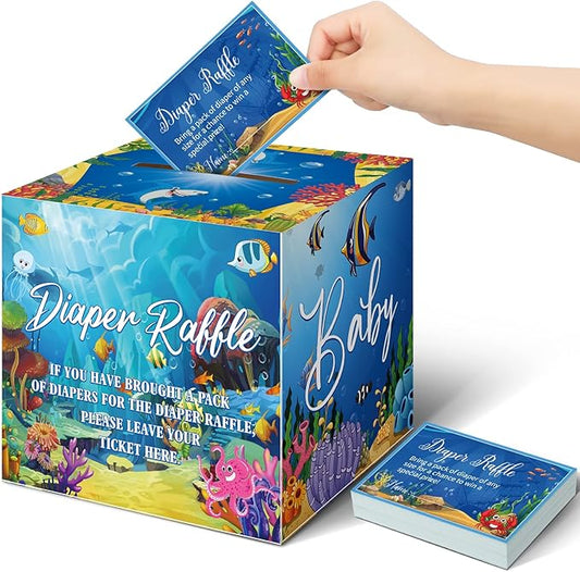 Teling 51 Pieces Diaper Raffle Tickets with Card Box Baby Shower Decorations Baby Shower Holder Box for Girl Boy Diaper Raffle Party(Under the Sea)