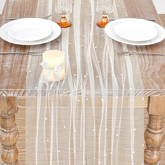LuoluoHouse Pearl Tulle Table Runner Fabric: Beige 10ft Wedding Veil Seasonal Dessert Chiffon Pearl Lace Boho Overlay Wedding Aisle Runner Party Decorations Doilies 3pcs