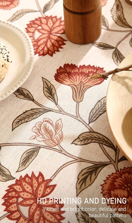 ISAENNE Designer French Linen Rectangular Tablecloth,71"x55"-Alvarado D | Vintage Elegant Beautiful Table Cloth for Rectangle Table,Orange Floral Pattern,Dining Room,Tea Party,Kitchen,Thanksgiving