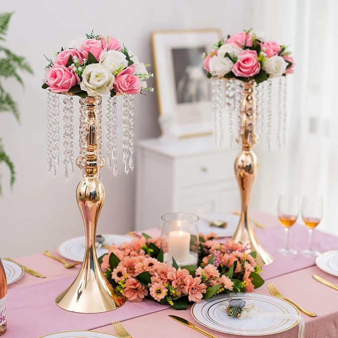 Gold Vase Stand Table: 21.3in Wedding Centerpieces, Set of 2 | High End Crystal Design Vase Stand for Wedding Party Reception Birthday Event Home, Tall Table Center Piece