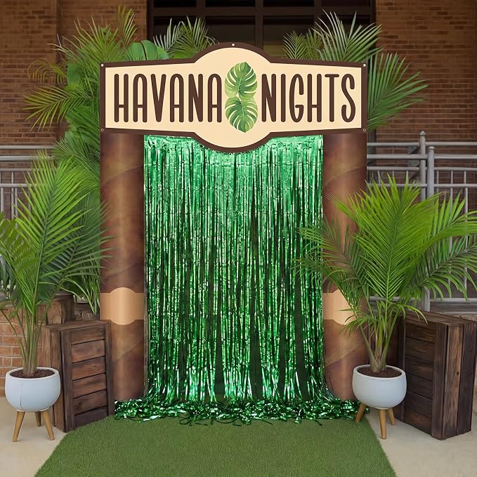 Peryiter 5 Pcs Havana Nights Party Decorations Cuban Party Decoration Arch Banners, Green Foil Fringe Curtains for Cuban Tropical Photo Booth & Entrance Backdrop Birthday Baby Shower Favors