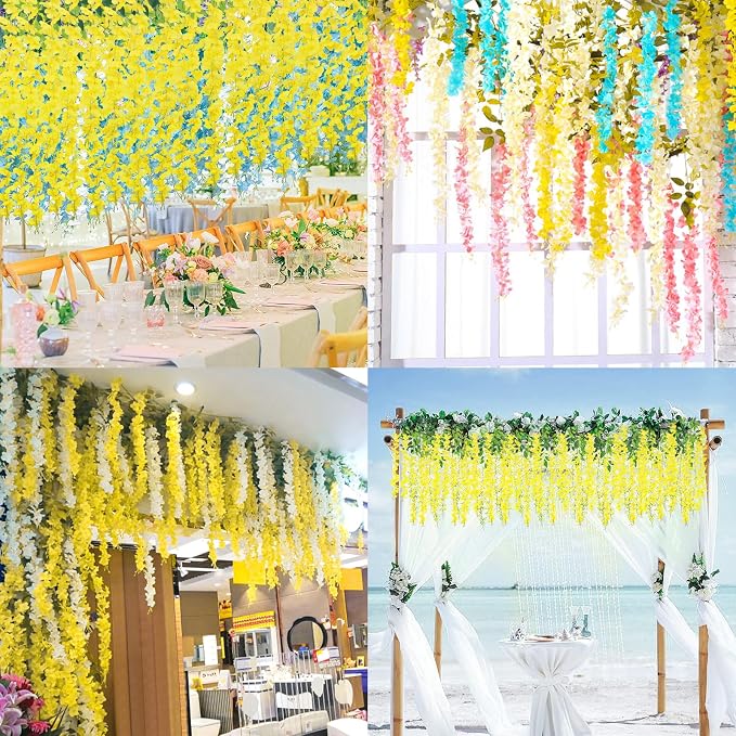 48 Pack Wisteria Hanging Artificial Flowers Fake Flowers Ratta Hanging Garland Silk Flowers String for Home Garden Party Wedding Backdrop Arch Decor (Yellow)