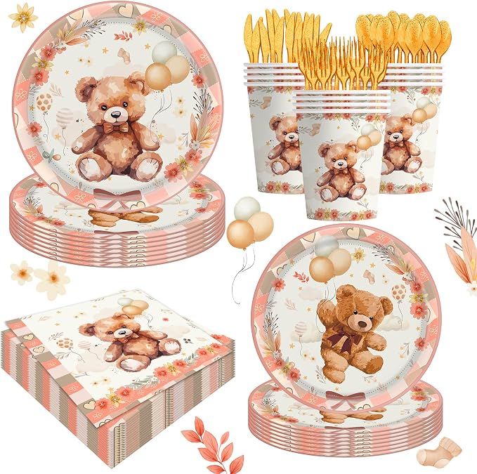140pcs Gold Bear Birthday Party Decorations Tableware, Bear Table Centerpieces Party Supplies for Pets Lets Pawty Tableware Set Plates Napkins Cups Forks Knives for 20 Guests