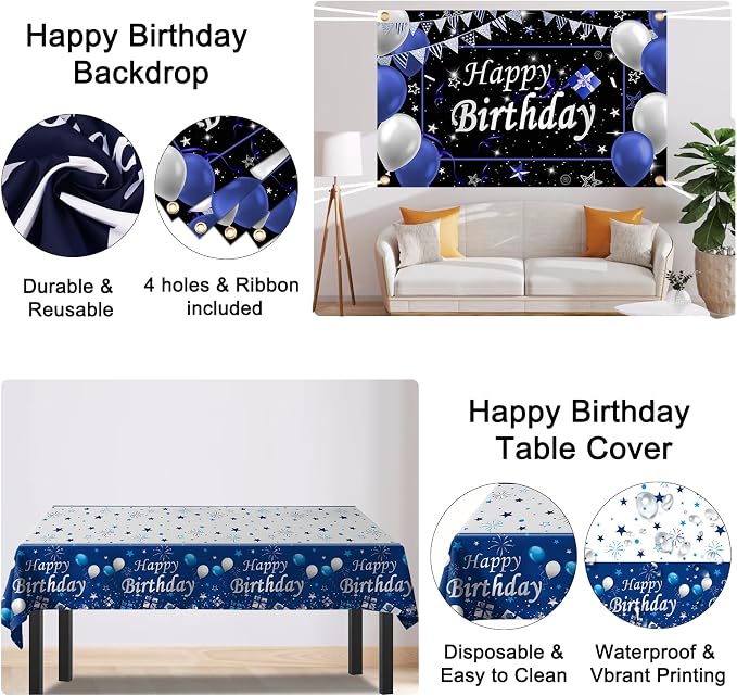 Black and Blue Birthday Decorations for Men Boys Women Girls, 75 PCS Blue and Silver Party Decorations Happy Birthday Backdrop Banner Blue Black Silver Confetti Star Balloons Arch Tablecloth