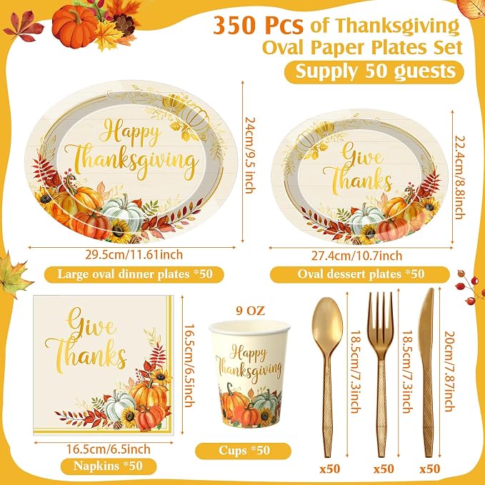 Pajean 350 Pcs Oval Paper Plates Set with 12 inch Disposable Oval Plates Heavy Duty Paper Dinnerware Set for 50 Guests Party Supplies(Gold)