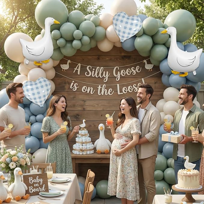 One Silly Goose Balloon Arch Kit – Sage Green Dusty Blue Balloon Garland with Goose gingham heart balloons, Vintage Goose Baby Shower Decorations, Boy or Girl Birthday Party Decor (146PCS)