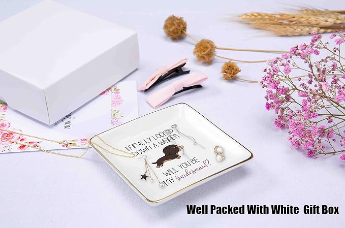 Topthink I Finally Locked Down A Weiner Will You Be My Bridesmaid – Ceramic Jewelry Holder Ring Dish Trinket Tray - Gift Maid of Honor Bachelorette Party Wedding Gifts for Besties Friends Women