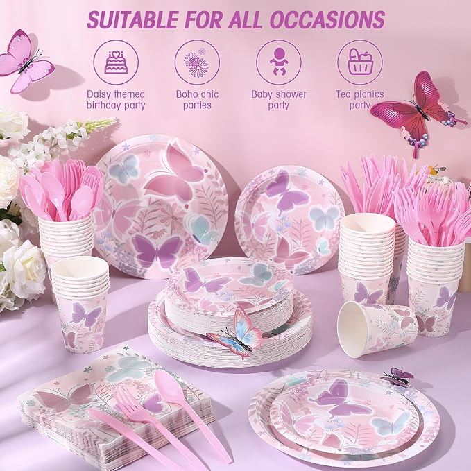 Ziliny 350 Pcs Butterfly Party Supplies Tableware Set Disposable 9'' 7'' Paper Plates 9 oz Cups Cutlery Napkins Dinnerware Set for 1st Birthday, Serve 50 (Butterfly, Purple, Pink)