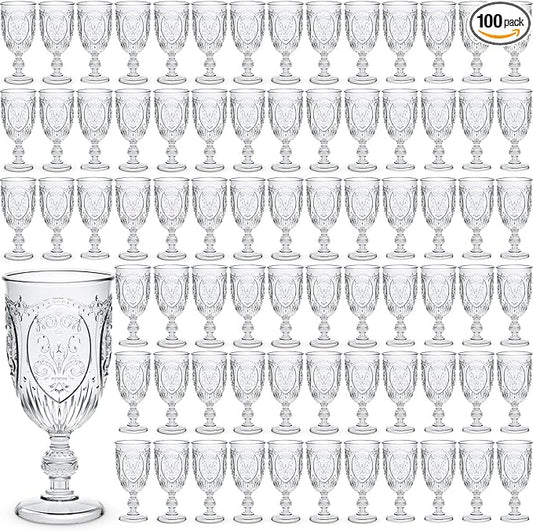 Wiwiqing 100 Pcs Plastic Goblets 7.5oz Vintage Goblet Plastic Wine Glasses Colored Retro Embossed Water Goblets for Wine Bar Juice Baby Shower Wedding Reception Grand Event Party (Clear)