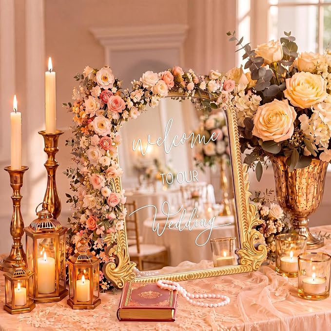 Bucherry Vintage Love Wedding Sign Welcome to Our Wedding Mirror Plaque Elegant Resin Frame with Mirror 12" x 7.5" Baroque Reception Decor Gold Table Centerpiece