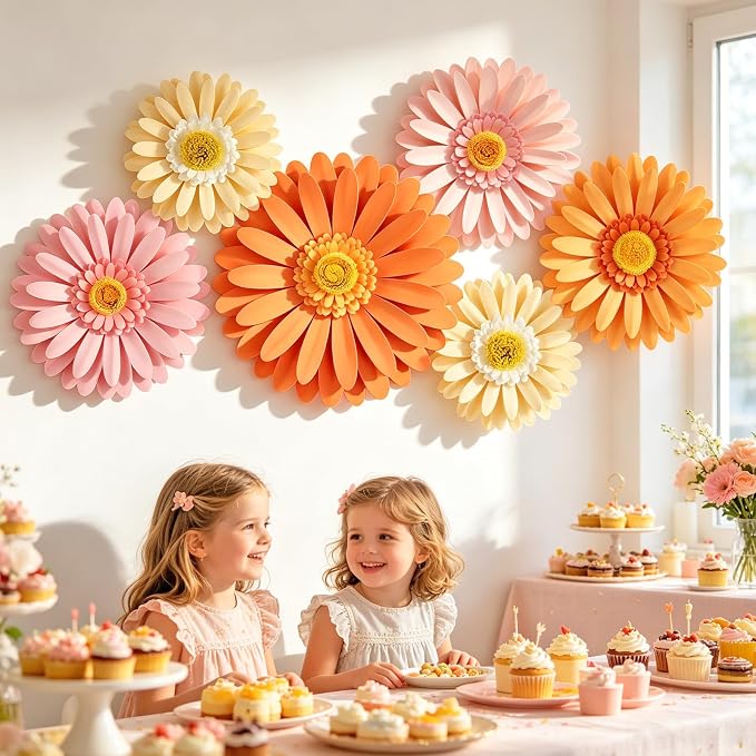Daisy Paper Flowers Wall Decor 3D Orange Pink Large Flowers Bulletin Board Decoration Spring Garden Groovy Birthday Decorations for Women Girls Baby Shower Classroom Office Boho Nursery Wall Decor