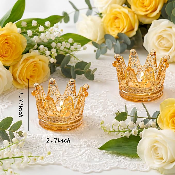 Rubltamp 6 Pack Amber Crown Votive Candle Holders,Glass Crown Tealight Candle Holders, Vintage Candle Holder Bulk for Table Centerpieces, Home, Bridal Shower, Birthday, Wedding