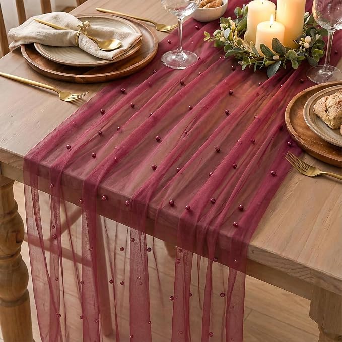 Artoid Mode 6PCS Pearl Burgundy Gauze Table Runner 120 Inch 10FT, Seasonal Sheer Dining Holiday Wedding Birthday Baby Shower Table Decor for Home Party