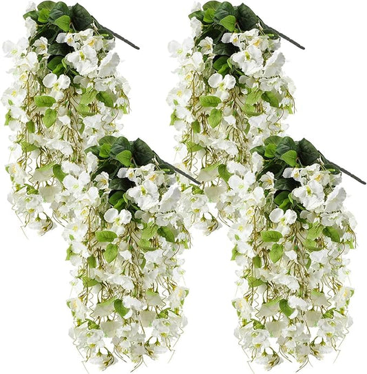 XunYee 4 Pcs Artificial Hibiscus Flowers for Outdoors Spring Summer Decor Fake Hanging Flowers Plants Uv-Resistant Faux Hibiscus Flower for Outside Porch Patio Front Door (White)