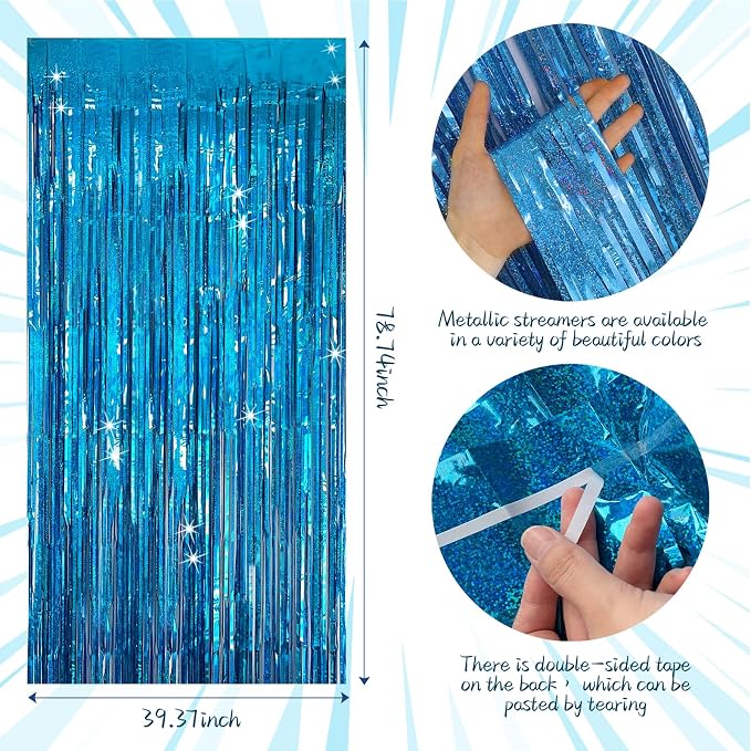 Tinsel Curtain Party Backdrop Blue Birthday Party Decorations 2 Packs Glitter Foil Fringe Curtain Party Decor Streamers Photo Booth for Birthday Christmas Wedding Halloween Graduation Decorations