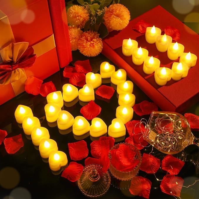 Coume 120 Pcs Romantic LED Heart-Shaped Candles with 6000 Rose Petals Set, Perfect for Weddings, Anniversaries, Home Decor, Date, Valentine’s Day, Battery-Operated, Reusable (Warm White Light)