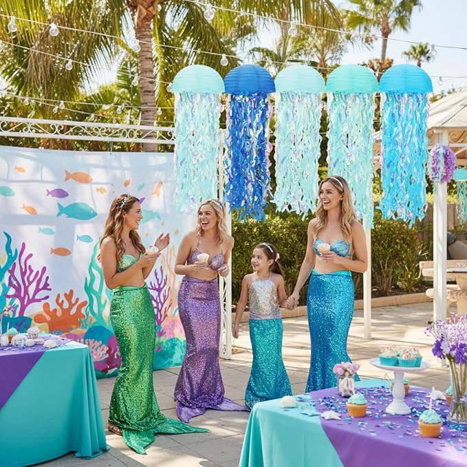 Baquler 12 Pack Jellyfish Paper Lanterns Blue Hanging Lanterns Under the Sea Party Decor Mermaid Ocean Themed Birthday Decorations for Baby Shower Nautical Pool Party