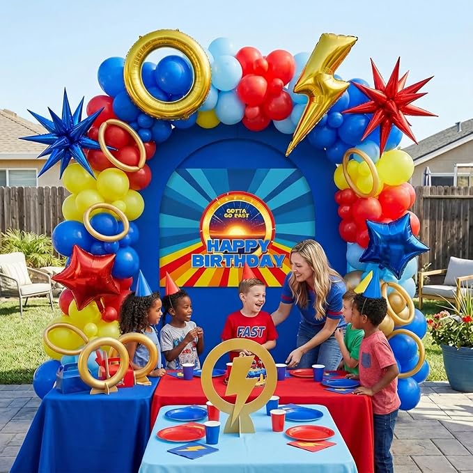 Red Blue Birthday Decorations Balloon Arch Garland Kit with Backdrop & Royal Blue Light Blue Red Gold Balloons, Lightning Ring Star Foil Balloons for Boys Gaming Speed Theme Party