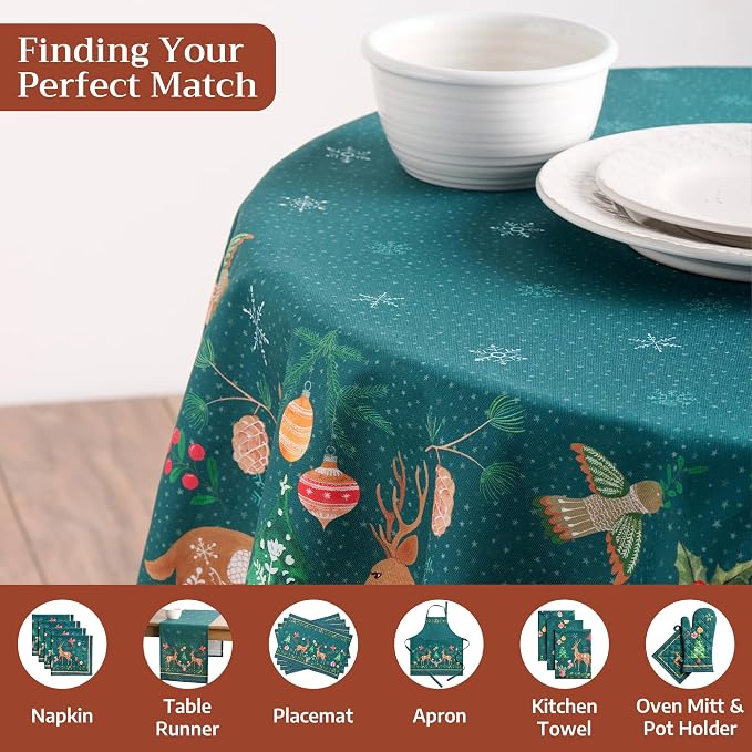 Maison d' Hermine Table Cloth Round Table 100% Cotton 63 Inches Fall Tablecloth Reusable Everyday Use for Thanksgiving Christmas Decorations Dining Farmhouse Party (Hygge Christmas)