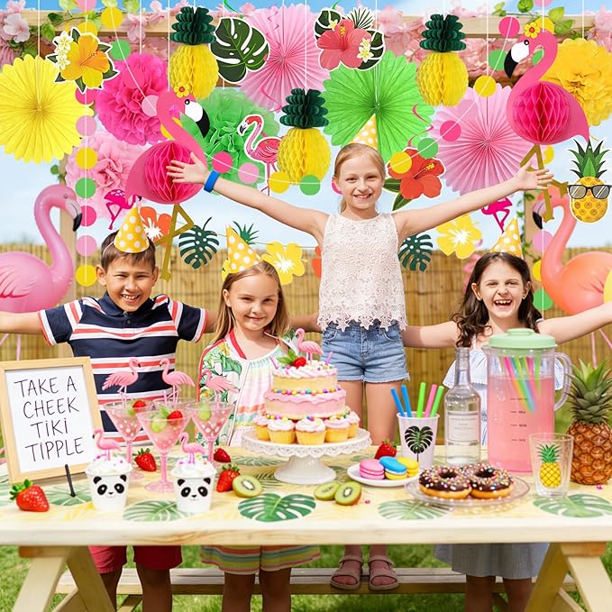 ADLKGG 21 Pcs Tropical Luau Party Decorations, 21" Large 3D Flamingo Honeycombs, Paper Fans, Banners, Hanging Swirls for Hawaiian Birthday, Summer Beach Party, Classroom Decor