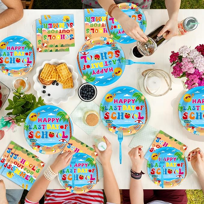 96 Pcs Happy Last Day of School Paper Party Plates and Napkins for Hello Summer Vacation Supplies Summer End of School Year Theme Dessert Tableware Set for 24 Guests Birthday Party Decorations
