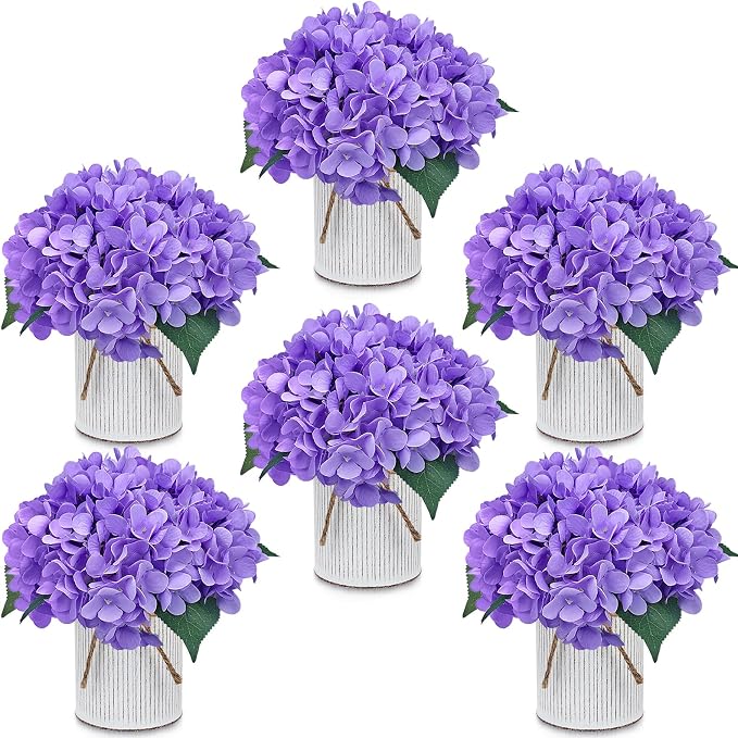 Flower Table Centerpieces - Set of 6 Floral Arrangement Artificial Wedding Hydrangeas Floral Arrangement with Rustic Metal Vase for Bridal Tea Party Event Decorations - Deep Purple