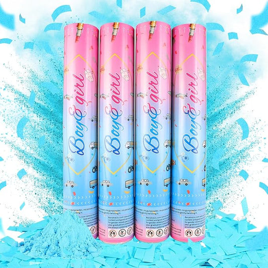 Gender Reveal Confetti Cannon,4 Blue Safty Corn Powder Smoke Party Poppers Shoots 20-25ft,12 inch Upgrade Firmware Gender Reveal Party Supplies Baby Shower