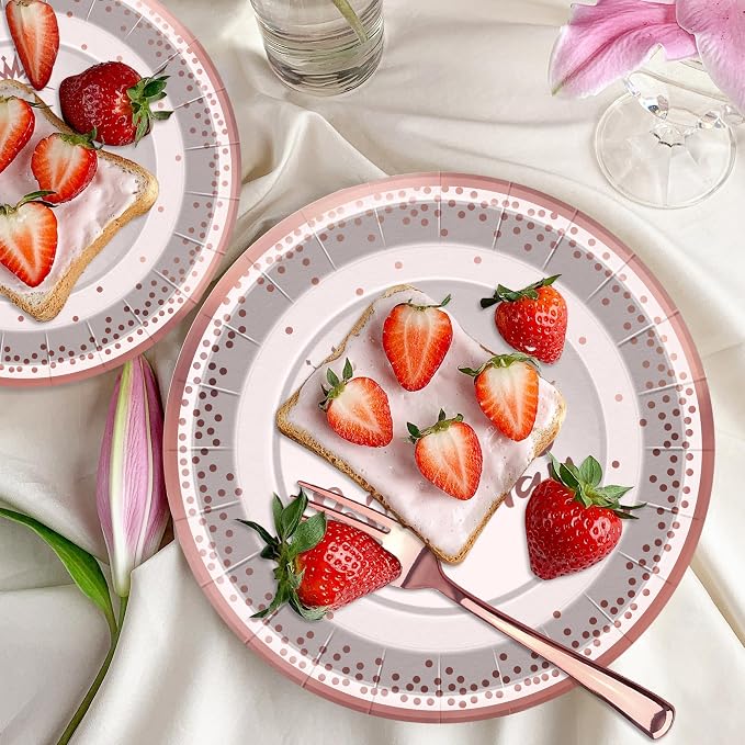 100 Pieces Pink Rose Gold Birthday Decorations Supplies Rose Gold Dessert Plates Napkins Cups for Women Birthday Disposable Party Favors