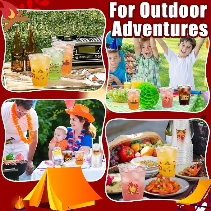 Camping Party Decorations Cups, 50 Pcs 12Oz Bulk Disposable Drinking Camping Theme Plastic Cups for BBQ Coffee Tea Beverage Backyard Birthday Shower Wedding Christmas Party Decorations Favors