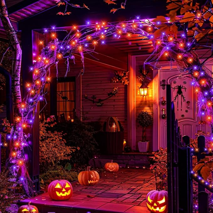 YEGUO Orange and Purple Halloween Lights Outdoor Waterproof, 4 Packs Each 33ft 100 LED Solar Fairy Light,8 Modes Black Wire String Lights