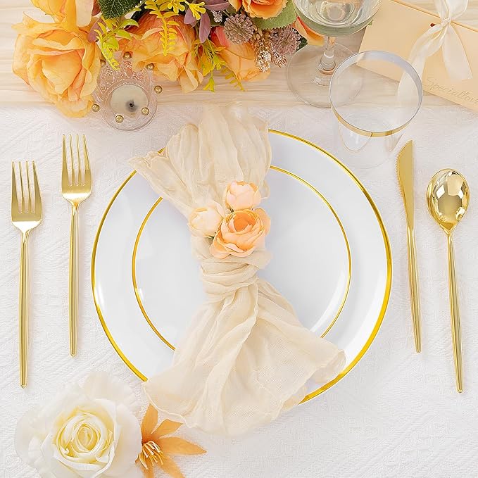 EI 180pcs White and Gold Plastic Plates,Gold Plastic Plates for Party,Fancy Plate Disposable Dinnerware Sets,Gold Disposable Silverware and Cups for Wedding,Baby Shower,Spring Afternoon Tea