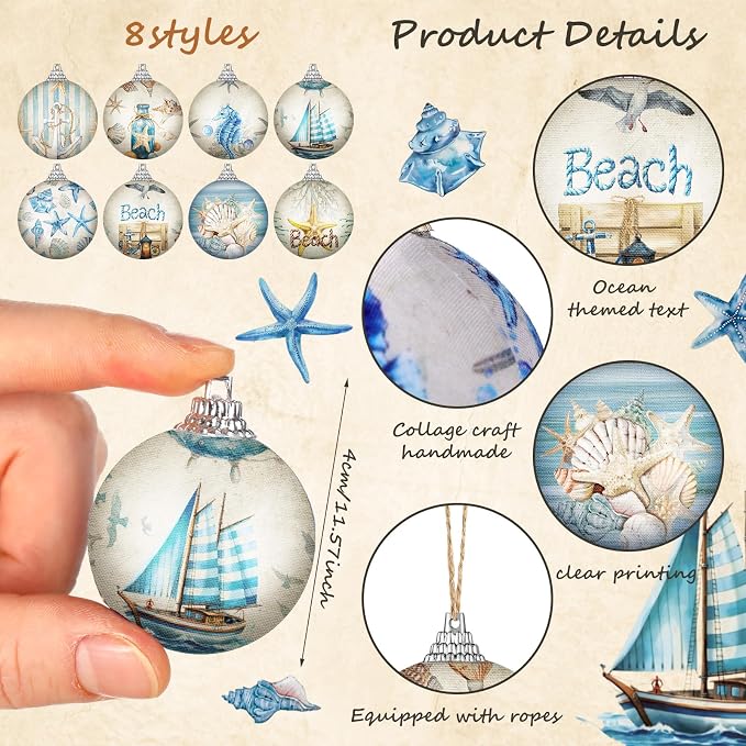 Outus 16 Pcs Summer Beach Ornaments Ball Ocean Beach Decorations for Tree Coastal Nautical Navigation Seashell Hanging Ornaments Xmas Decorations for Home Small Tree Fireplace Holiday Party Favors