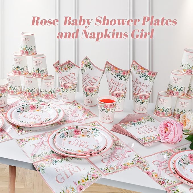 350 Pieces Baby Shower Decorations for Girl Serves 50 Guests, Floral Disposable Dinnerware Set, Pink and Rose Gold Paper Plates Cups Napkins with Plastic Cutlery