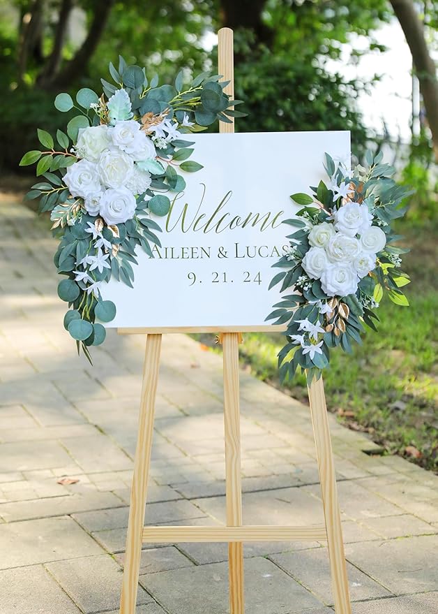 Artificial White Wedding Arch Flower Swags Set of 2 for Welcome Signs, Reception and Ceremony Decorations - Gold Floral Decor