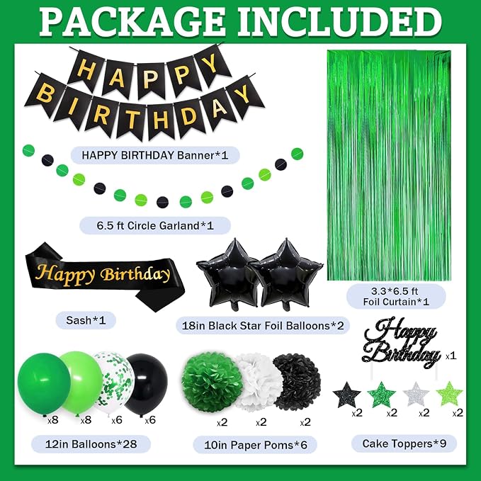 Green and Black Birthday Decorations, 50PCS Happy Birthday Decorations for Men with Banner Balloons Sash Foil Fringe Curtain Paper Pompoms, Green Party Decoration Party Supplies for Mens Boys Kids