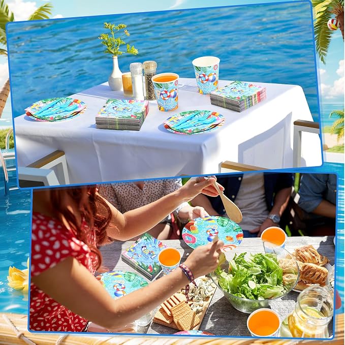 Funnymoom 400 Pcs Pool Party Supplies for 50 Guests Summer Pool Disposable Plates Napkins Cups Spoons Forks Knives for Birthday, Baby Shower, Beach, Summer Themed Party Decorations