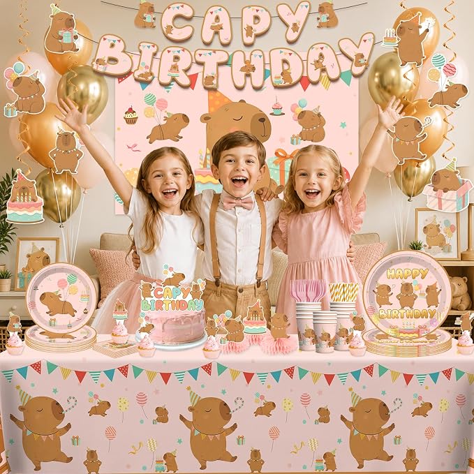 Xynic 208Pcs Capybara Birthday Decorations Tableware Set - Serves 25 Guests - All-in-One Kit with Balloons, Banner, Cake Toppers, 350gsm Plates, Tablecloths, Backdrop, and Honeycombs